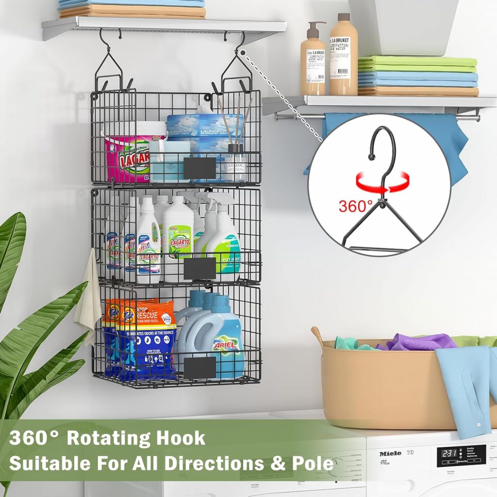 3 Tier Hanging Laundry Room Organizer Stackable Foldable Wall-Mounted Metal Wire Shelf Basket with Rotating Hook Nameplate for Dryer Sheet Laundry Detergent in Laundry Room Organizaton Storage
