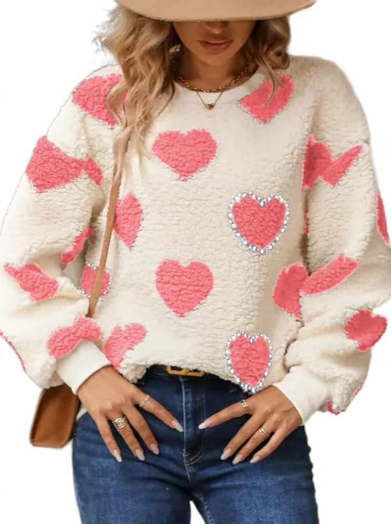 Akivide Womens Oversized Heart Pearls Rhinestones Embellished Sherpa Fleece Warm Sweater, Fuzzy Pullover Sweatshirt Tops