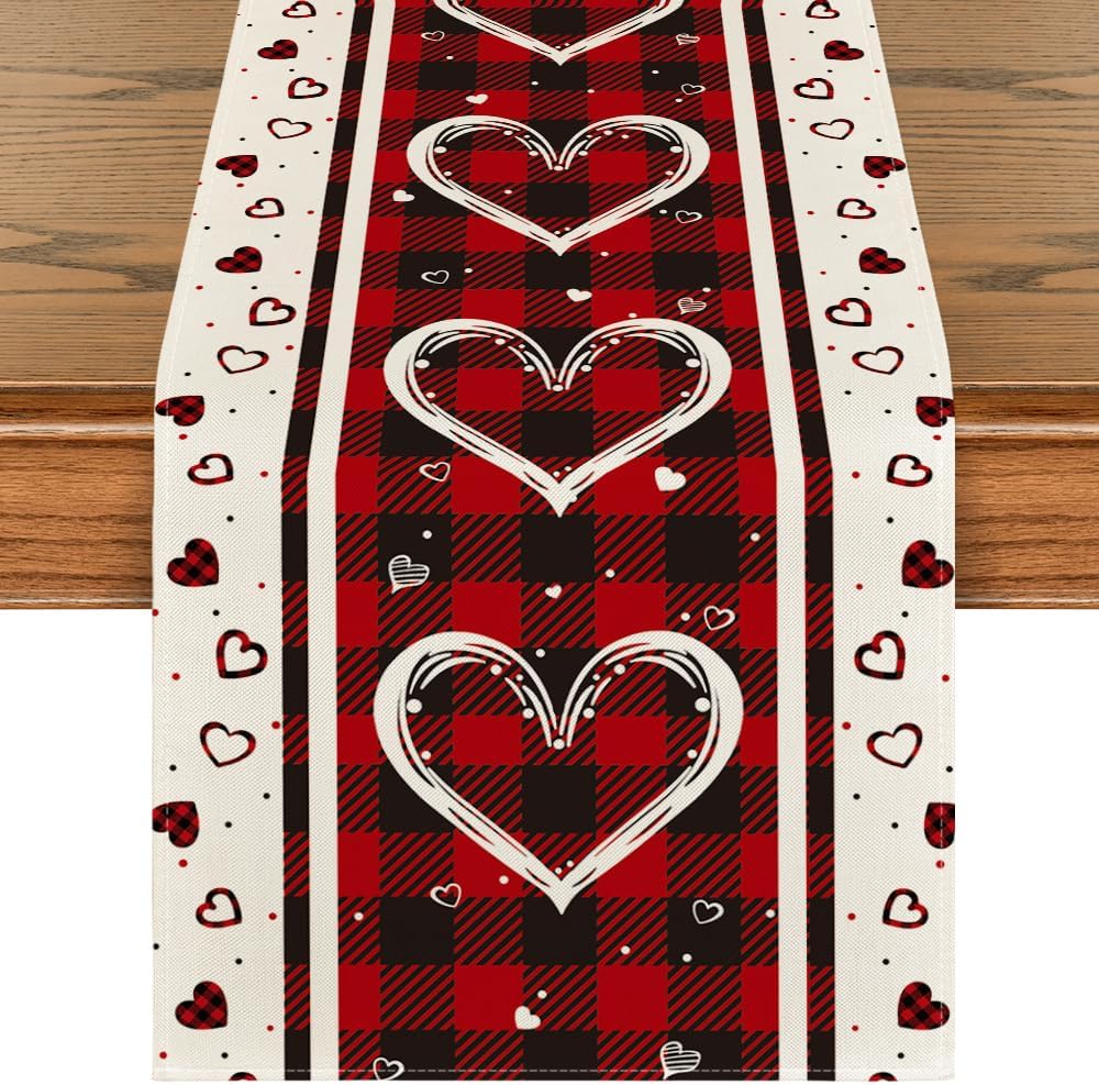 Artoid Mode Buffalo Plaid Love Hearts Valentines Day Table Runner, Seasonal Kitchen Dining Table Decoration for Indoor Home Party 13x72 Inch