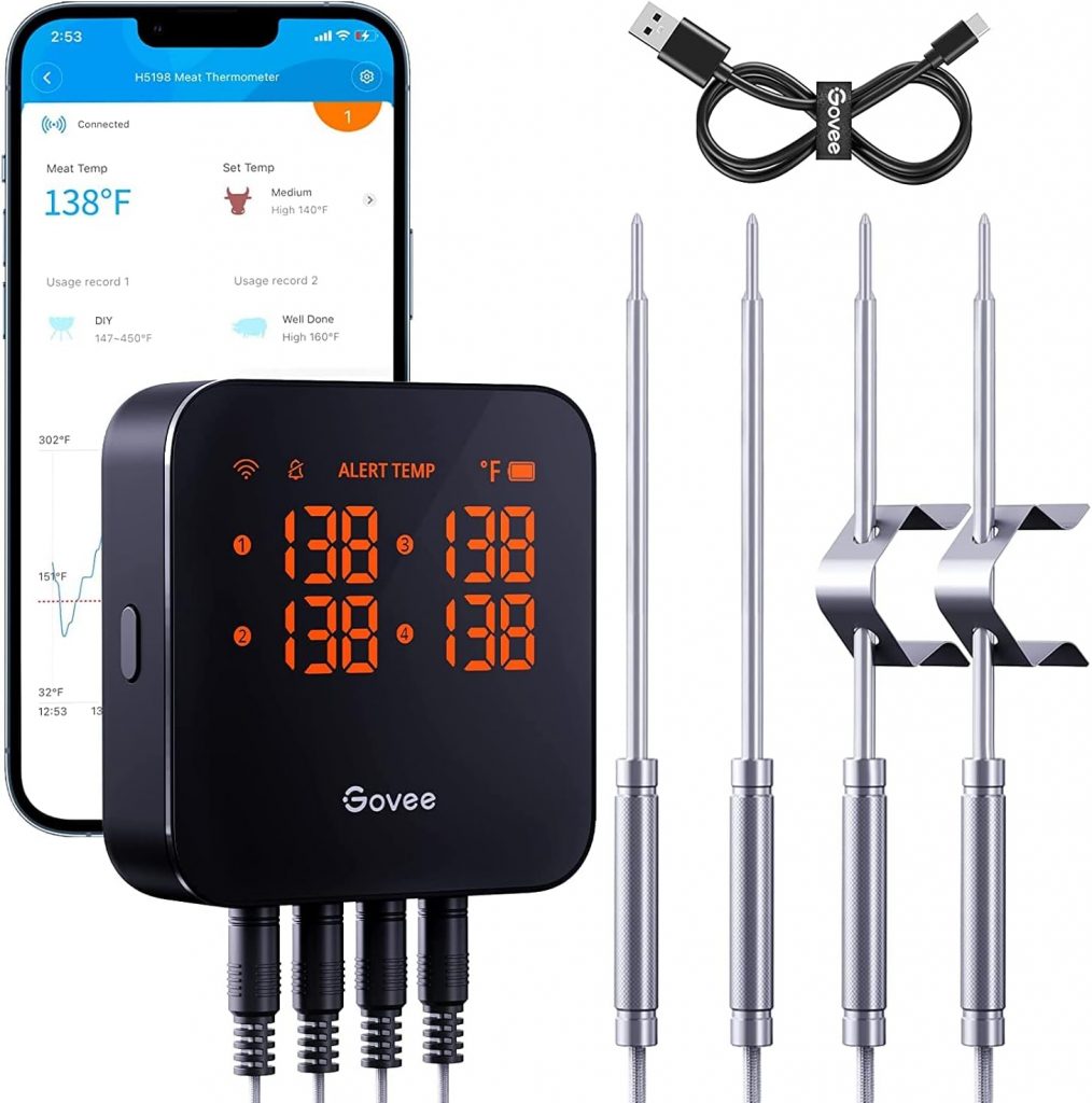 Govee WiFi Meat Thermometer with 4 Probe, Smart Bluetooth Grill Thermometer with Remote App Notification Alert, Digital Rechargeable BBQ Thermometer for Smoker Oven Kitchen