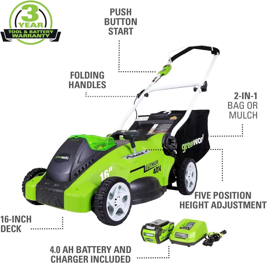 Greenworks 40V 16 Cordless (Push) Lawn Mower (75+ Compatible Tools), 4.0Ah Battery and Charger Included