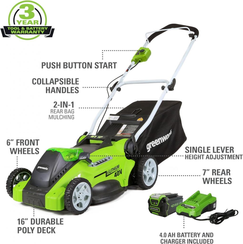 Greenworks 40V 16 Cordless (Push) Lawn Mower (75+ Compatible Tools), 4.0Ah Battery and Charger Included