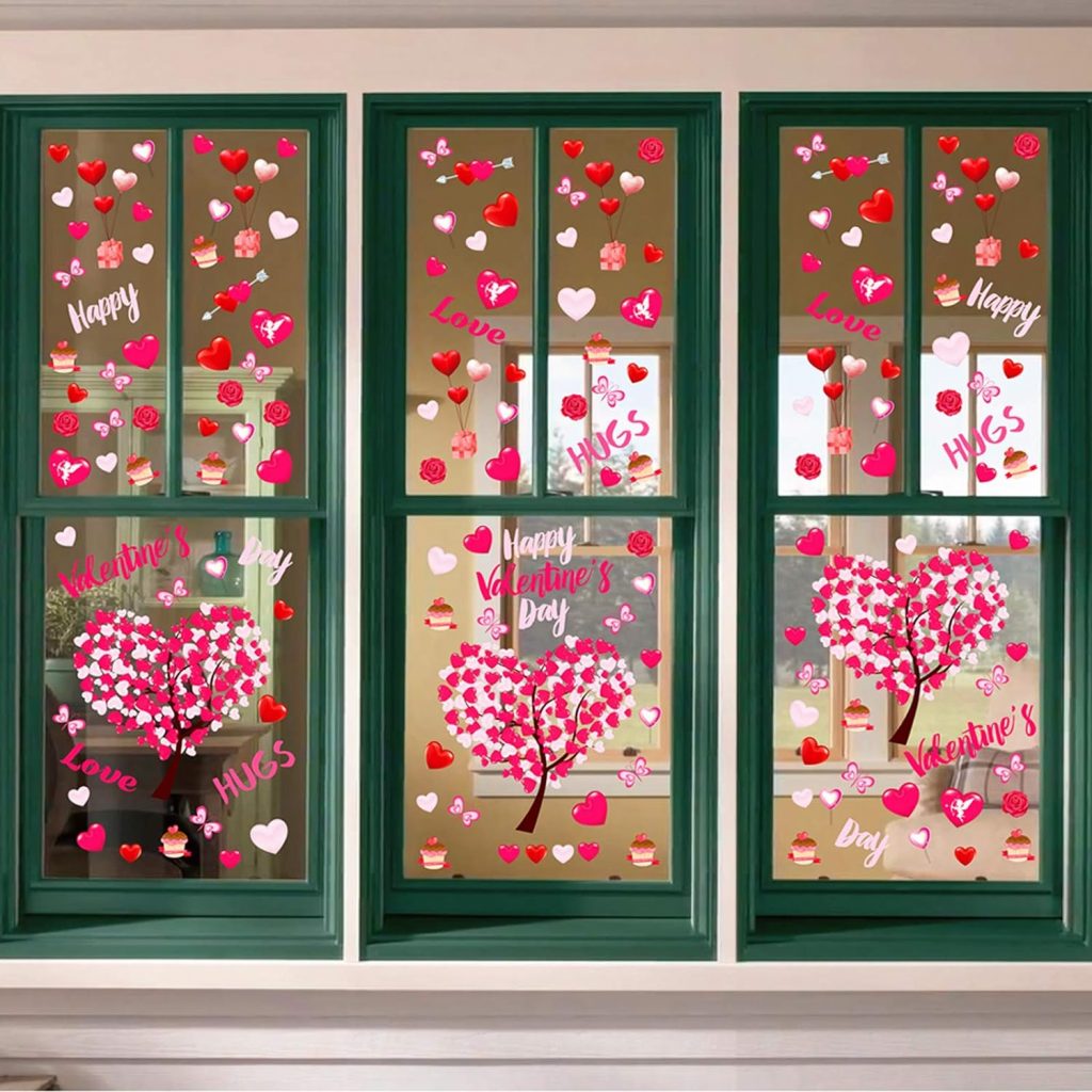Ivenf Valentines Day Decorations Heart Window Clings Decor, Large Red Pink Heart Tree Cupid Valentines Day Decor for Kids Home School Office Classroom, Wedding Birthday Party Supplies Gifts, 6 Sheets