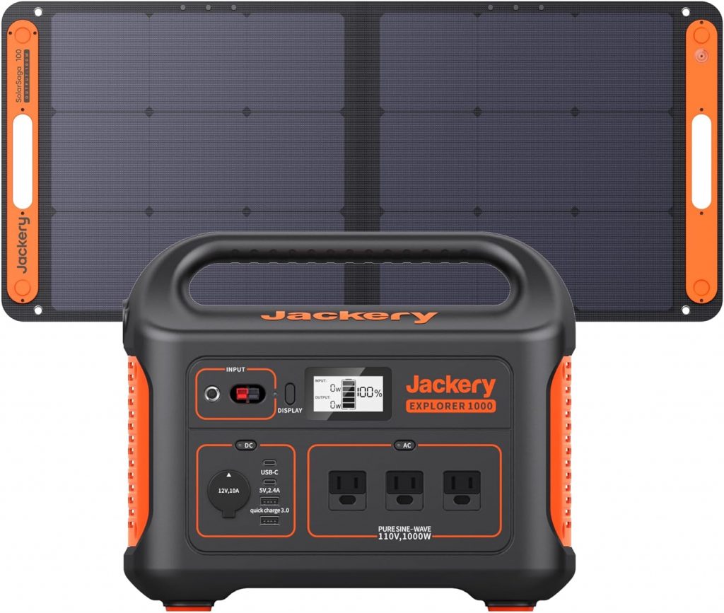 Jackery Solar Generator 1000, Explorer 1000 and 1xSolarSaga 100W Solar Panel with 3x110V/1000W AC Outlets, Solar Power Generator with Lithium Battery Pack for Outdoor RV/Van Camping Outages