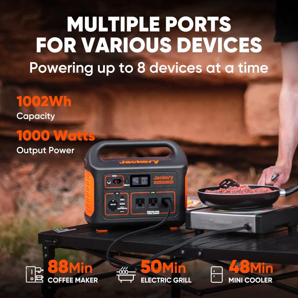 Jackery Solar Generator 1000, Explorer 1000 and 1xSolarSaga 100W Solar Panel with 3x110V/1000W AC Outlets, Solar Power Generator with Lithium Battery Pack for Outdoor RV/Van Camping Outages
