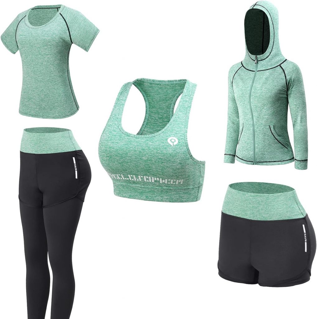 JULYS SONG Women Workout Clothes Set 5 PCS Exercise Athletic Outfits Set