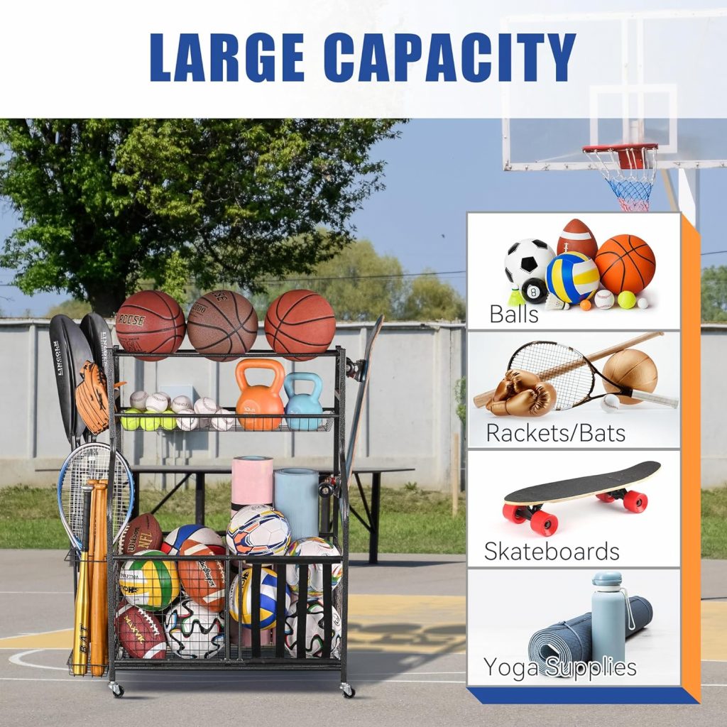 Mythinglogic Sports Equipment Organizer, Large Capacity Storage With Hooks and Baskets, Ball and Toy Organizer for Garage