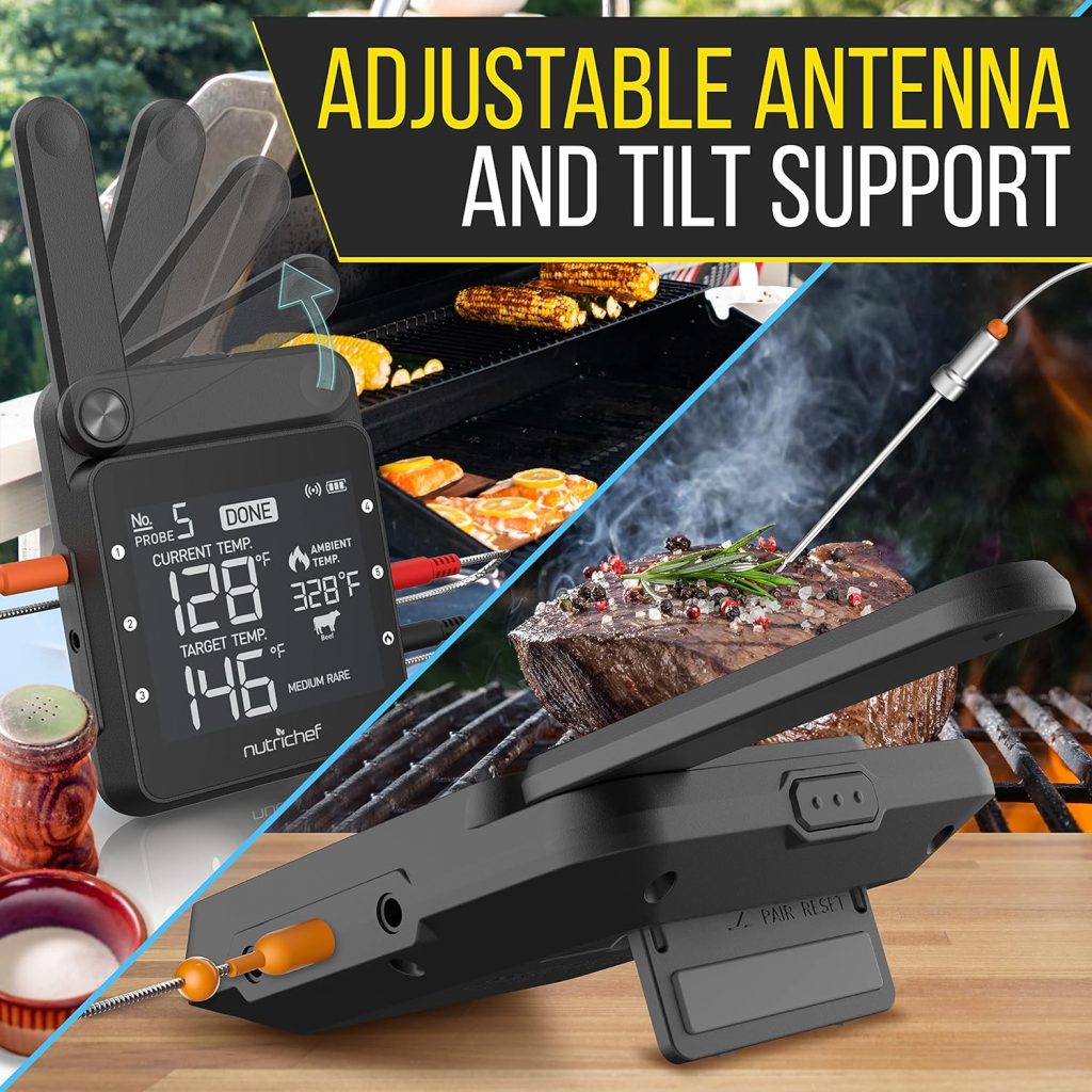 NutriChef WiFi Grill Meat Thermometer, Wireless Dual Smart Probes, Alarm Indoor from Outdoor Barbecue Smoker, Compatible with Any Smartphone, Rechargeable Meter for Outside BBQ Grilling