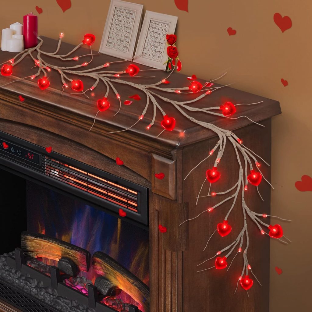 [Timer] Valentines Day Decor Willow Vine with Red Heart Lights, 5FT 45 LED Valentines Day Garland with Light Battery Operated 8 Modes Valentines Day Lights Romantic Decorations for Home Table Wall